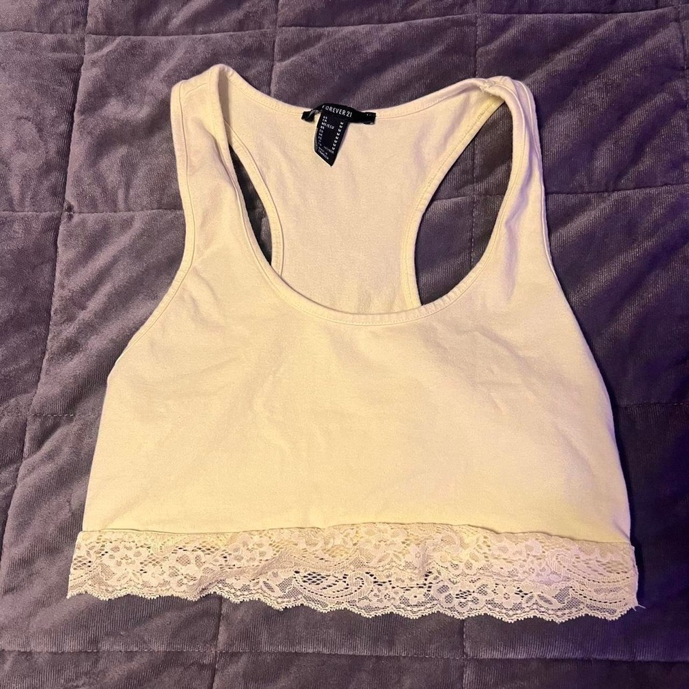 Forever 21 Canary Yellow Lace Trim Racerback Crop Tank Top Womens XS
